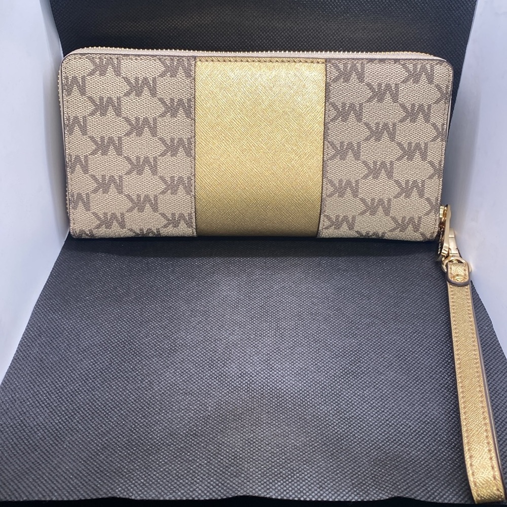 🤎💛MICHAEL KORS🤎💛Nat/Gold Jet Set Center Stripe Travel Continental Wallet/NWT - Picture 3 of 8